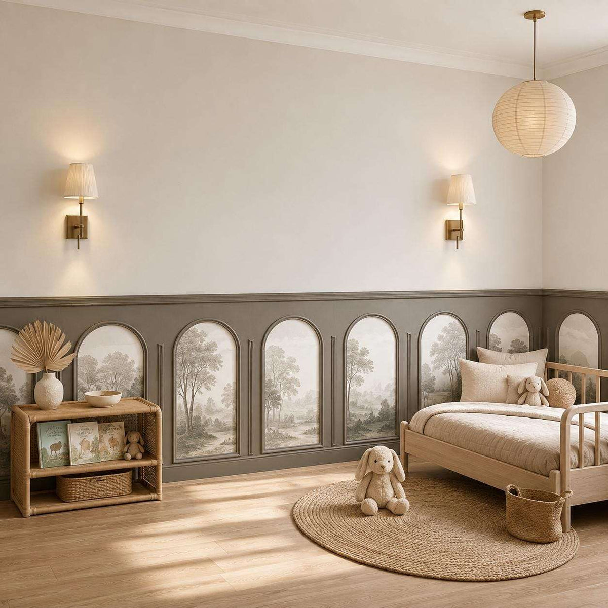 Wall molding with wallpaper: light gray half wall arch molding with mural wallpaper