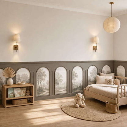 Wall molding with wallpaper: light gray half wall arch molding with mural wallpaper