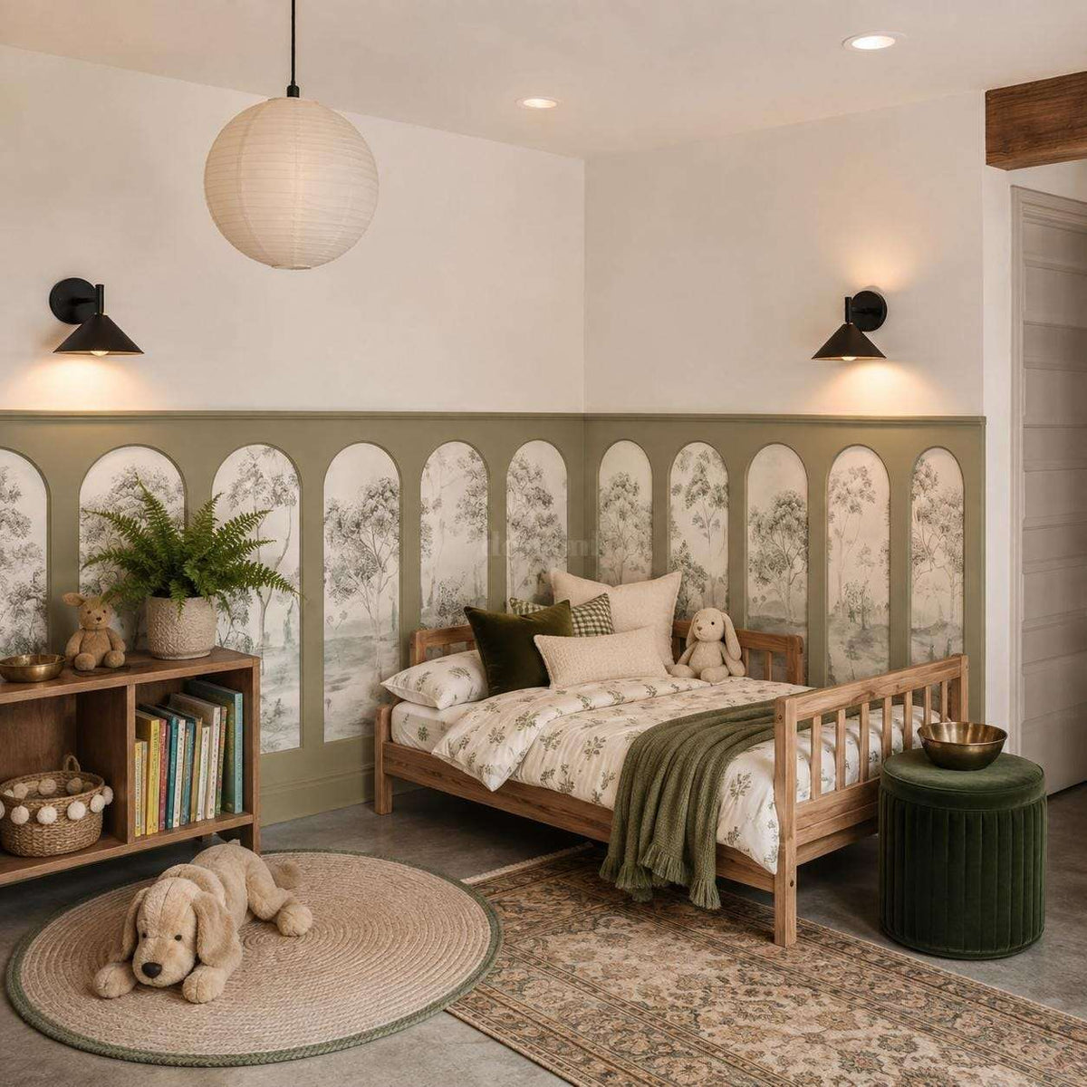 Wall molding with wallpaper: sage green half wall arch molding with mural wallpaper
