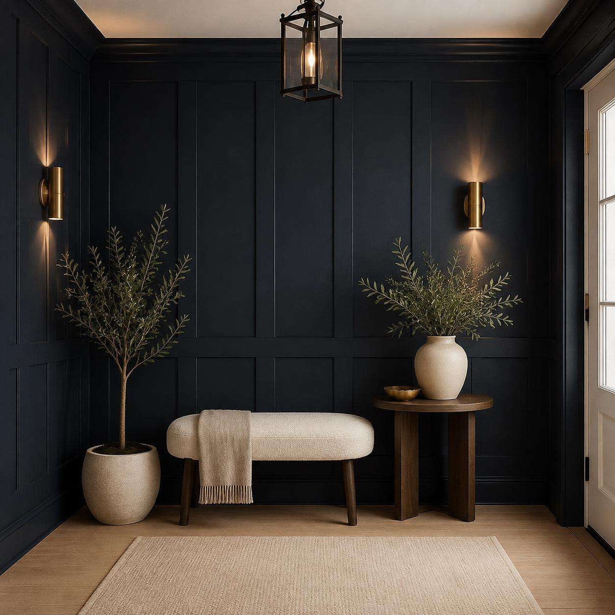 Bedroom wall molding design: navy half wall picture frame wainscoting behind the bed