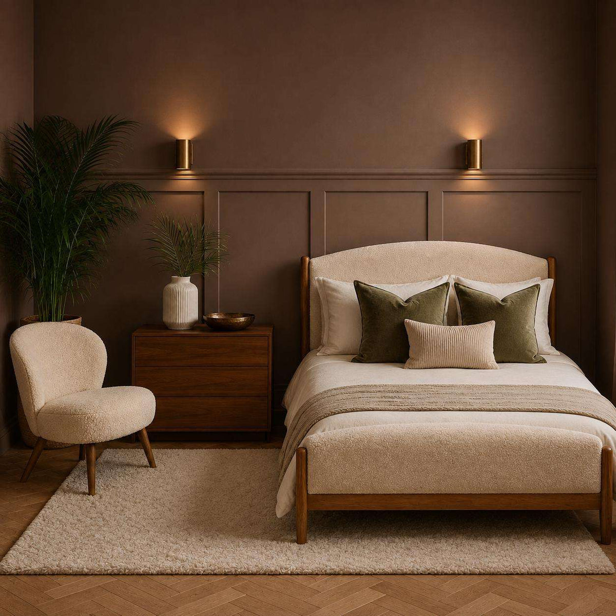 Bedroom wall molding design: chocolate brown half wall picture frame wainscoting behind the bed