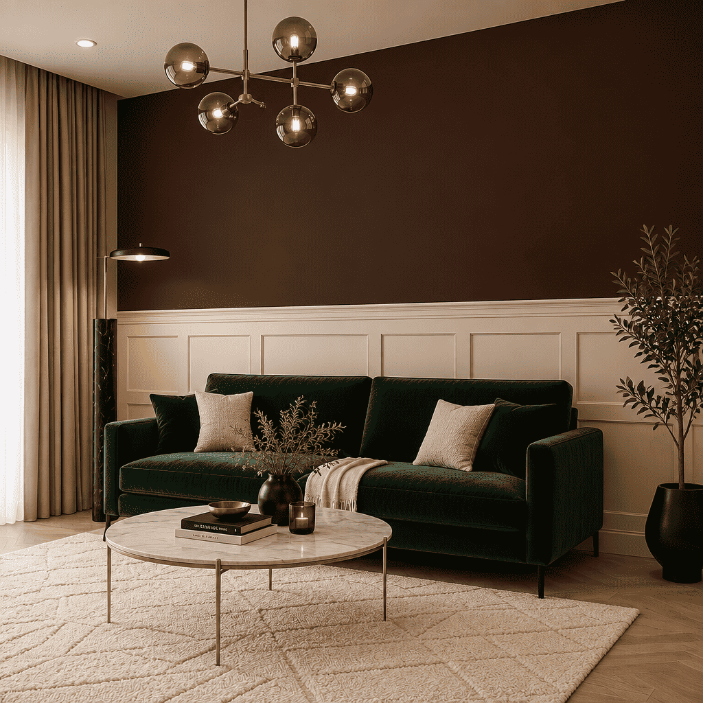 Half wall trim idea: chocolate brown half wall picture frame wainscoting in a living room