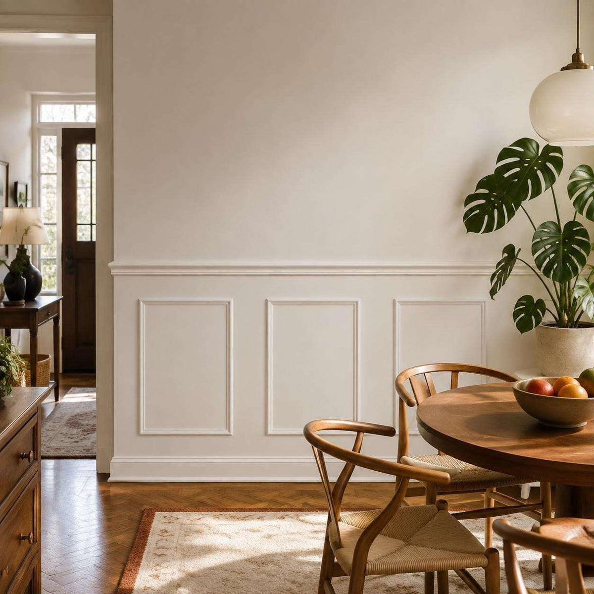 Half wall trim idea: white half wall picture frame wainscoting in a dining room