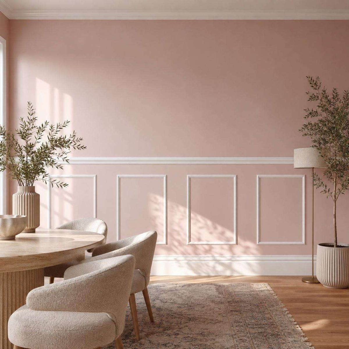 Half wall trim idea: blush pink half wall picture frame wainscoting in a dining room