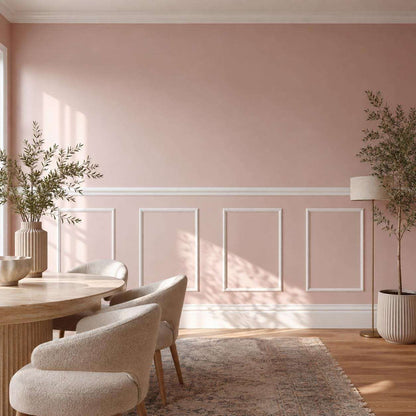 Half wall trim idea: blush pink half wall picture frame wainscoting in a dining room