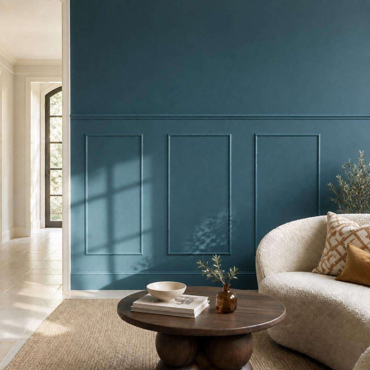 Half wall trim idea: teal half wall picture frame wainscoting in a living room