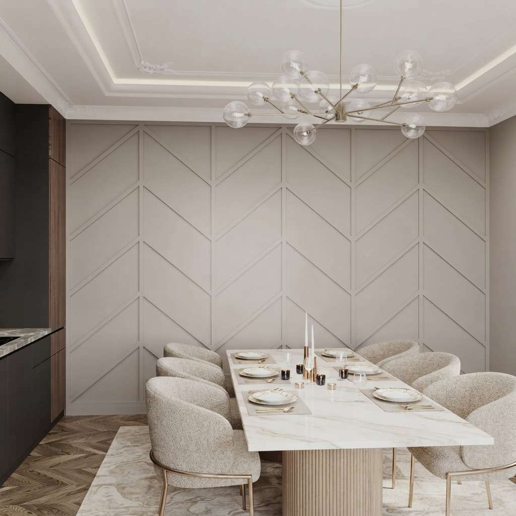 White herringbone wall molding in a dining room
