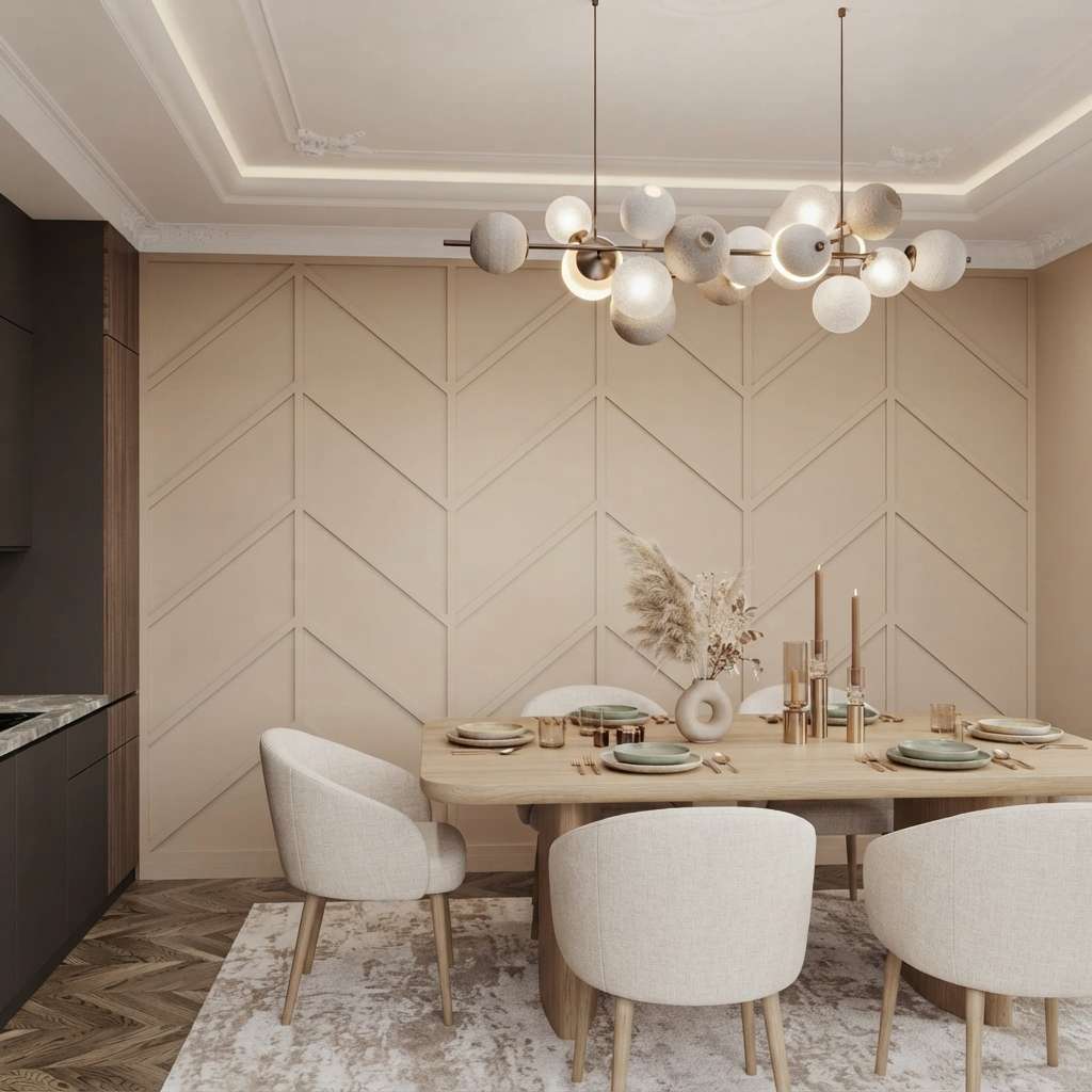 Beige herringbone wall molding in a dining room