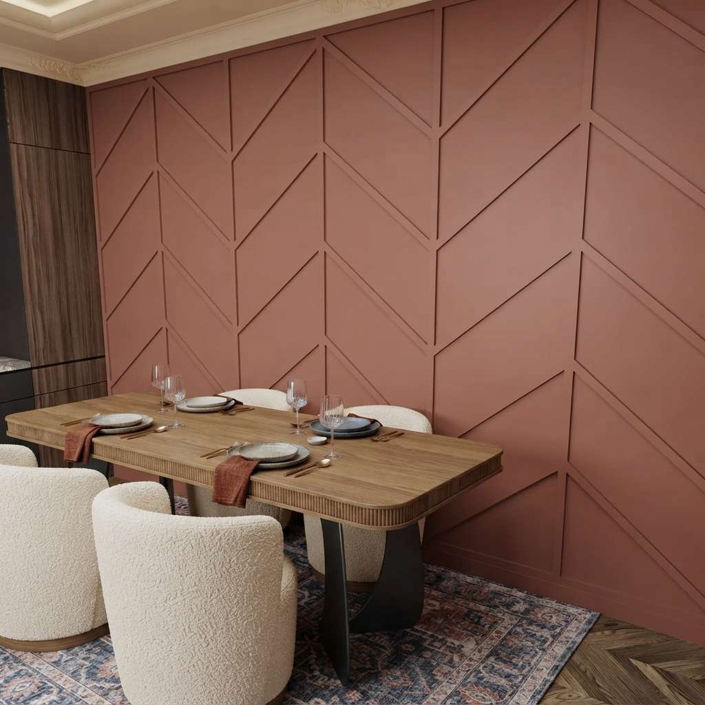 Dusty rose herringbone wall molding in a dining room