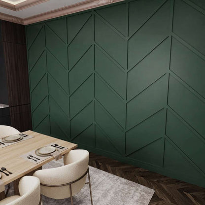 Forest green herringbone wall molding in a dining room
