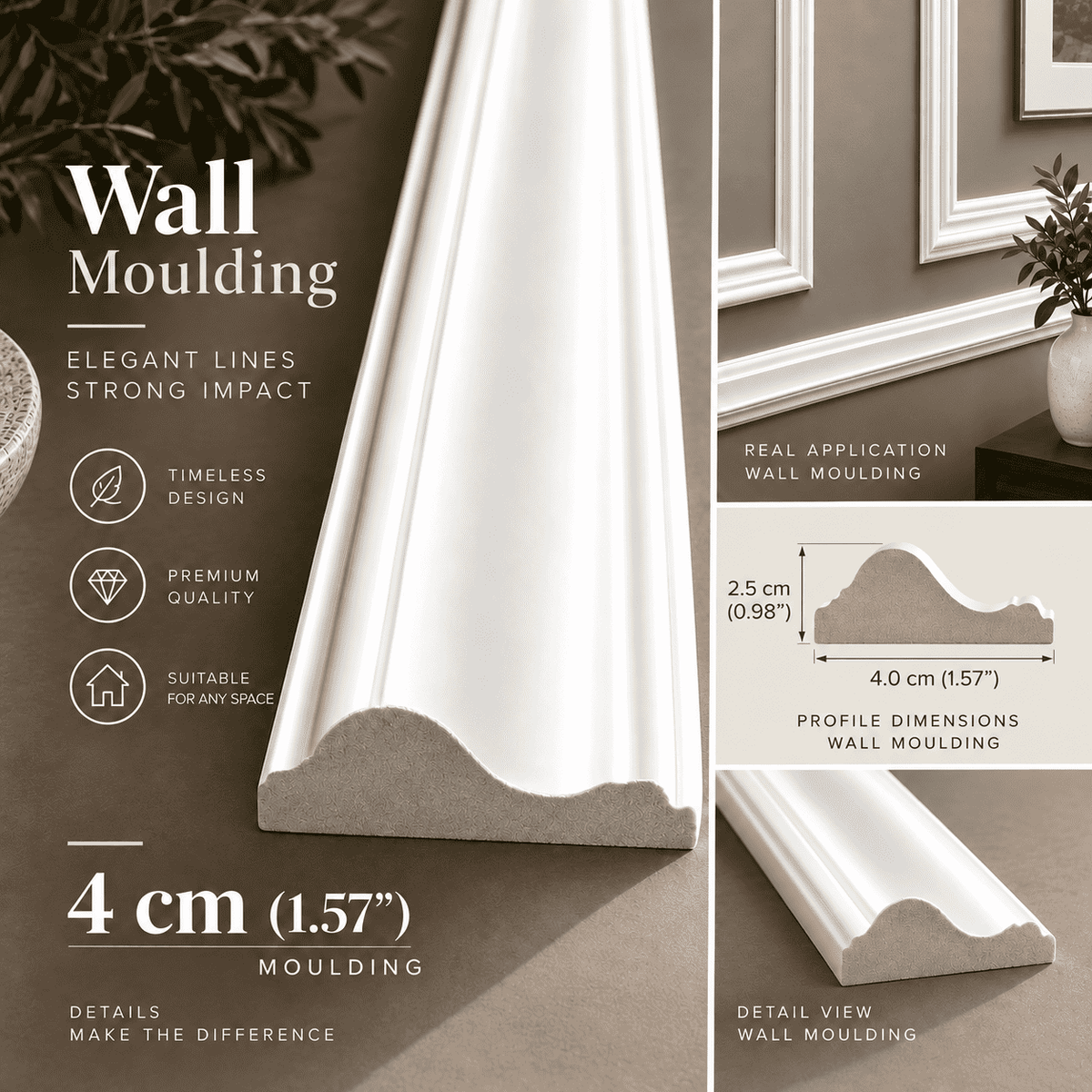 4 cm (1.57 in) wall moulding profile, 4.0 cm wide and 2.5 cm deep, shown close up and installed on a wall