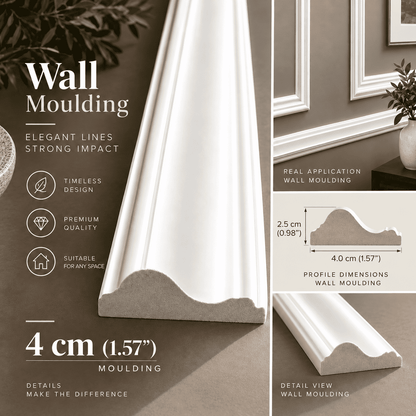 4 cm (1.57 in) wall moulding profile, 4.0 cm wide and 2.5 cm deep, shown close up and installed on a wall