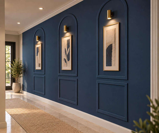 MDF Arched Wall Molding Kit, navy arched wall molding in a hallway