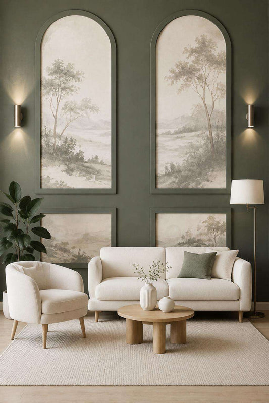 Wall molding with wallpaper: olive green arched wall molding framing mural wallpaper alternate view