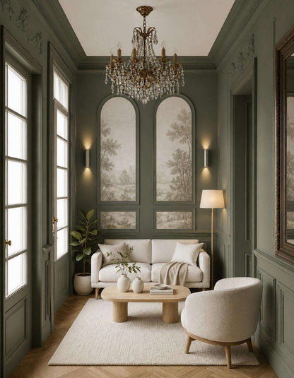 Wall molding with wallpaper: olive green arched wall molding framing mural wallpaper, wide view