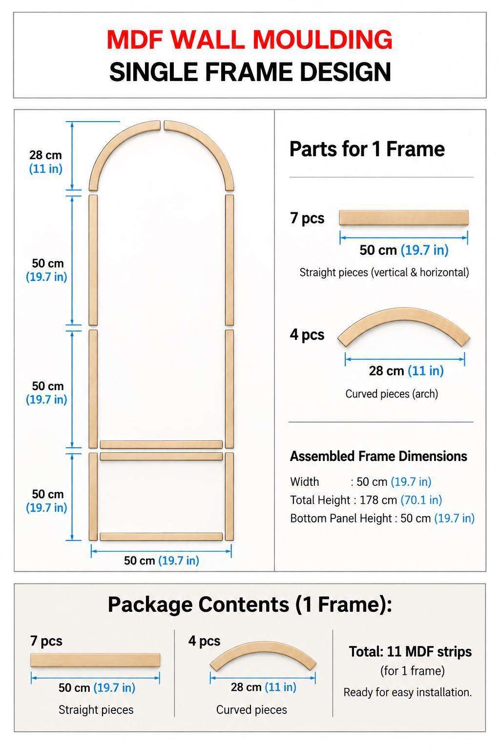 MDF Arched Wall Molding Kit dimensions and package contents