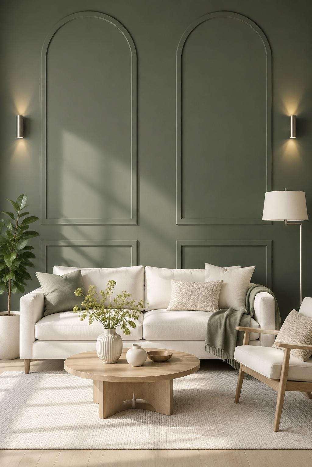 Olive green arched wall molding in a living room