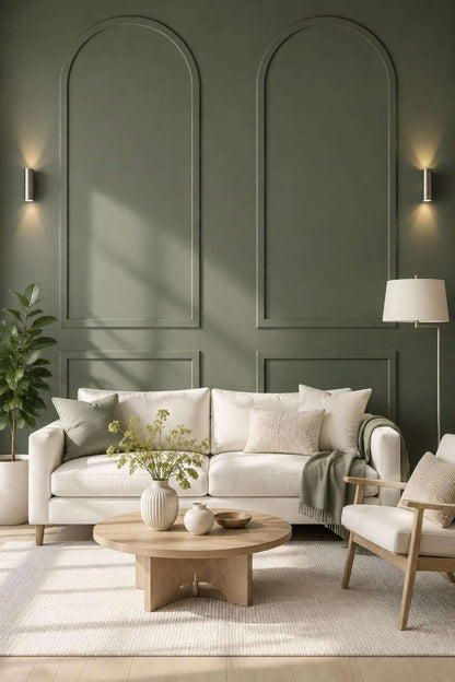 Olive green arched wall molding in a living room