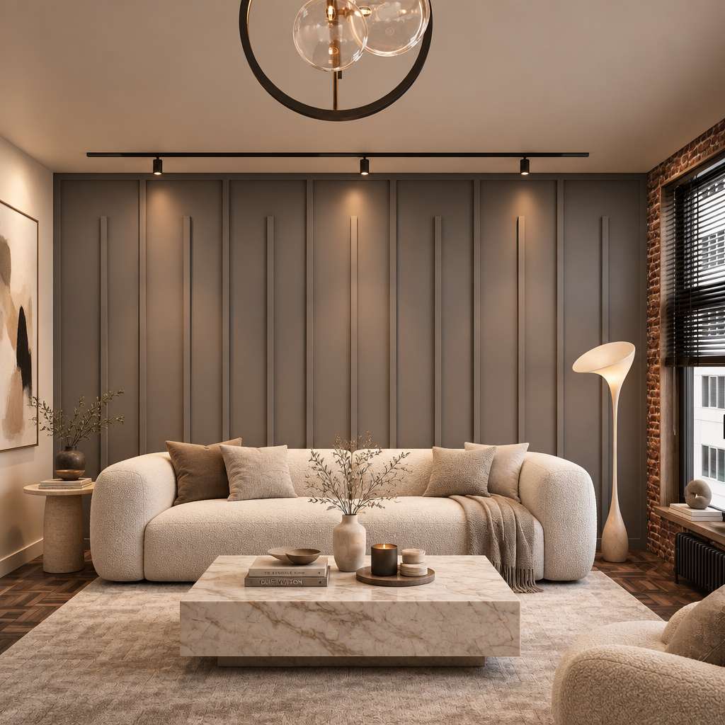 Modern wall molding: taupe vertical slat wall molding in a living room