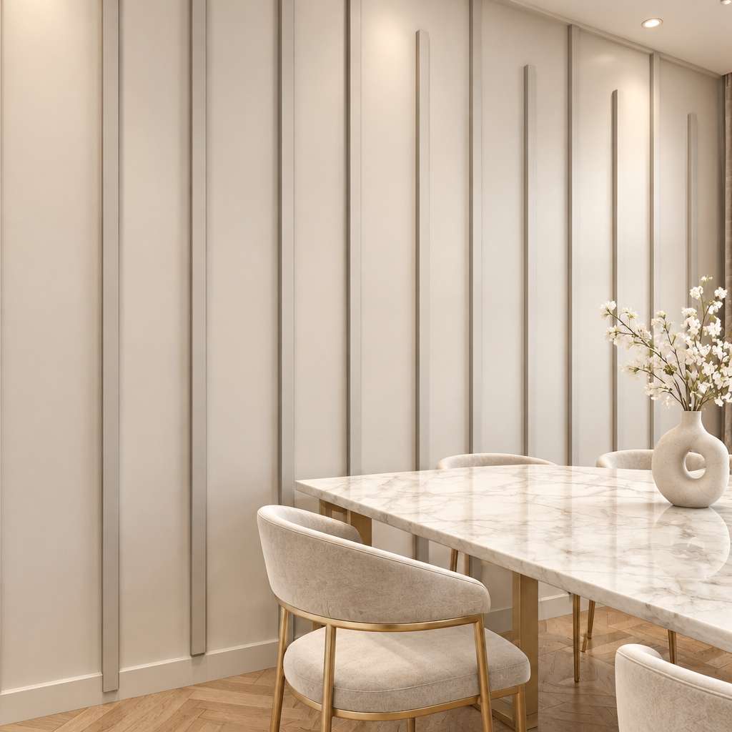Modern wall molding: white vertical slat wall molding in a dining room