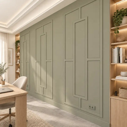 Modern Wainscoting Kit, sage green geometric wall molding in a home office