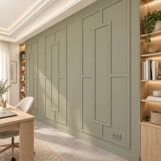 Modern Wainscoting Kit, sage green geometric wall molding in a home office