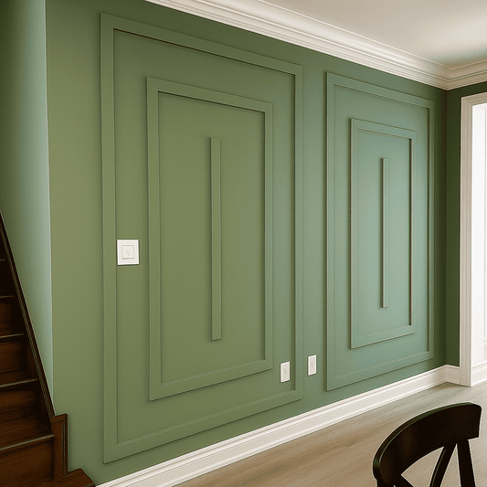 Modern Wall Molding Kit, green double picture frame wall molding in a hallway