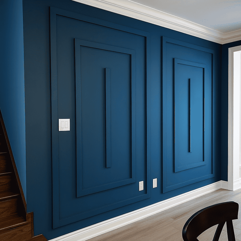 Navy double picture frame wall molding in a hallway