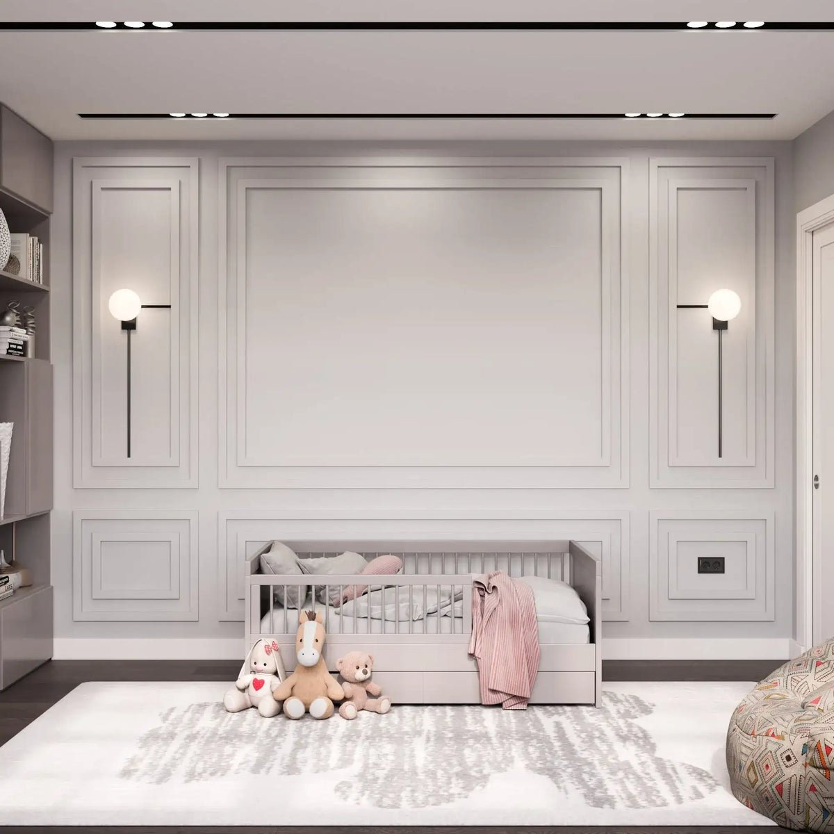 Nursery Box Molding Kit, light gray picture frame wall molding in a nursery