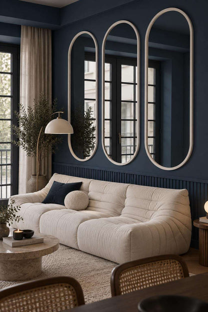 Oval Feature Wall Panels, navy oval wall molding panels in a living room