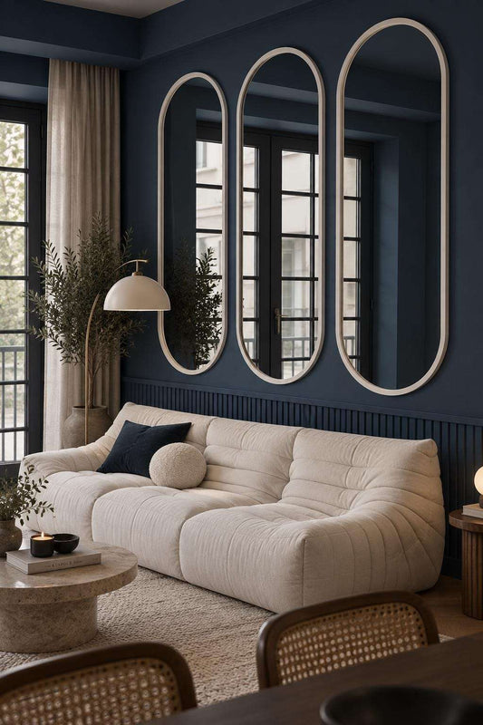 Oval Feature Wall Panels, navy oval wall molding panels in a living room