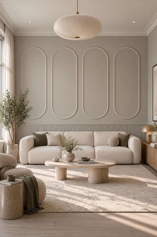 White oval wall molding panels in a living room alternate view