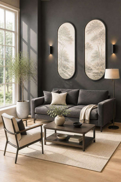 Wall molding with wallpaper: charcoal gray oval wall molding with chinoiserie wallpaper