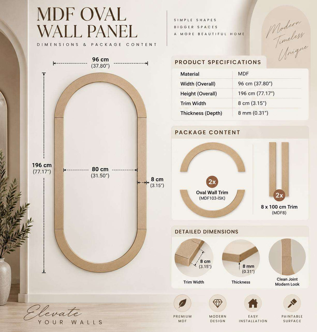 Oval Feature Wall Panels panel dimension guide