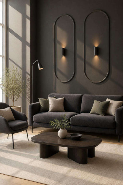 Charcoal gray oval wall molding panels in a living room
