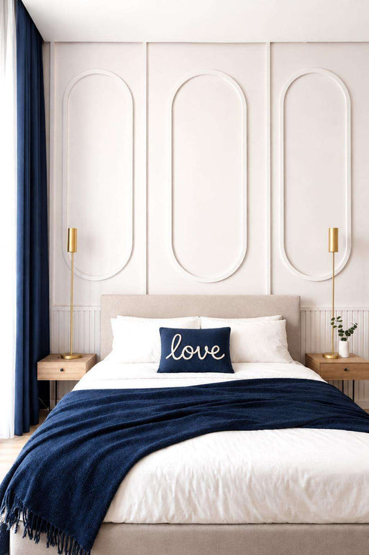 Bedroom wall molding design: white oval wall molding panels behind the bed alternate view