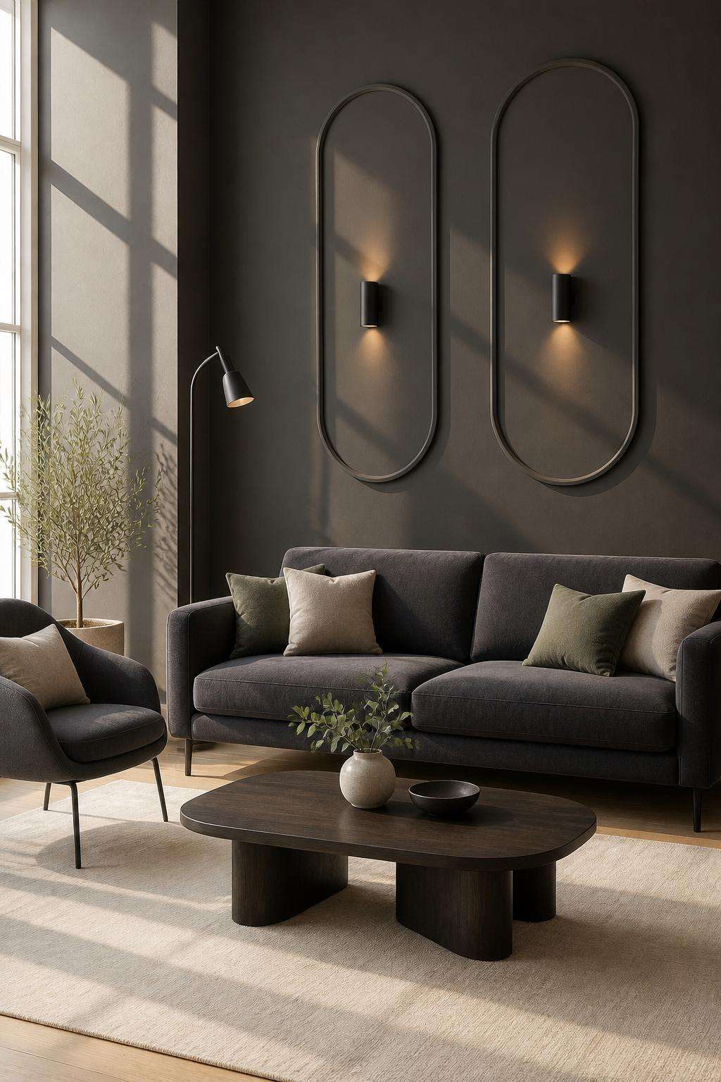 Charcoal gray oval wall molding panels in a living room