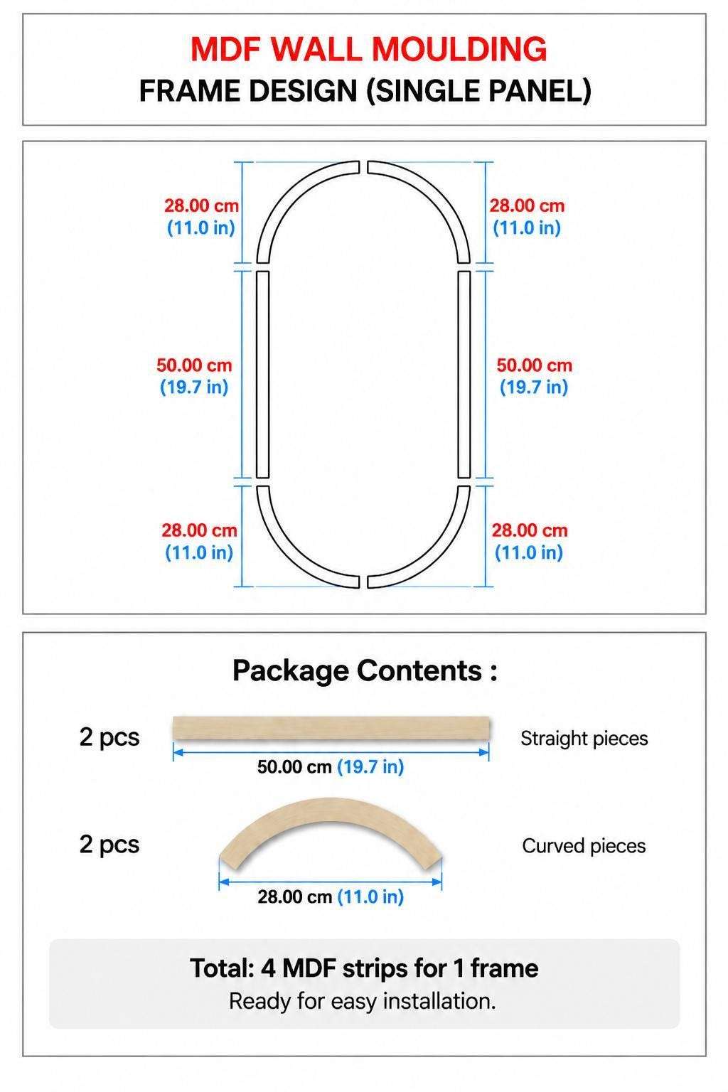 Oval Wall Molding Kit dimensions and package contents