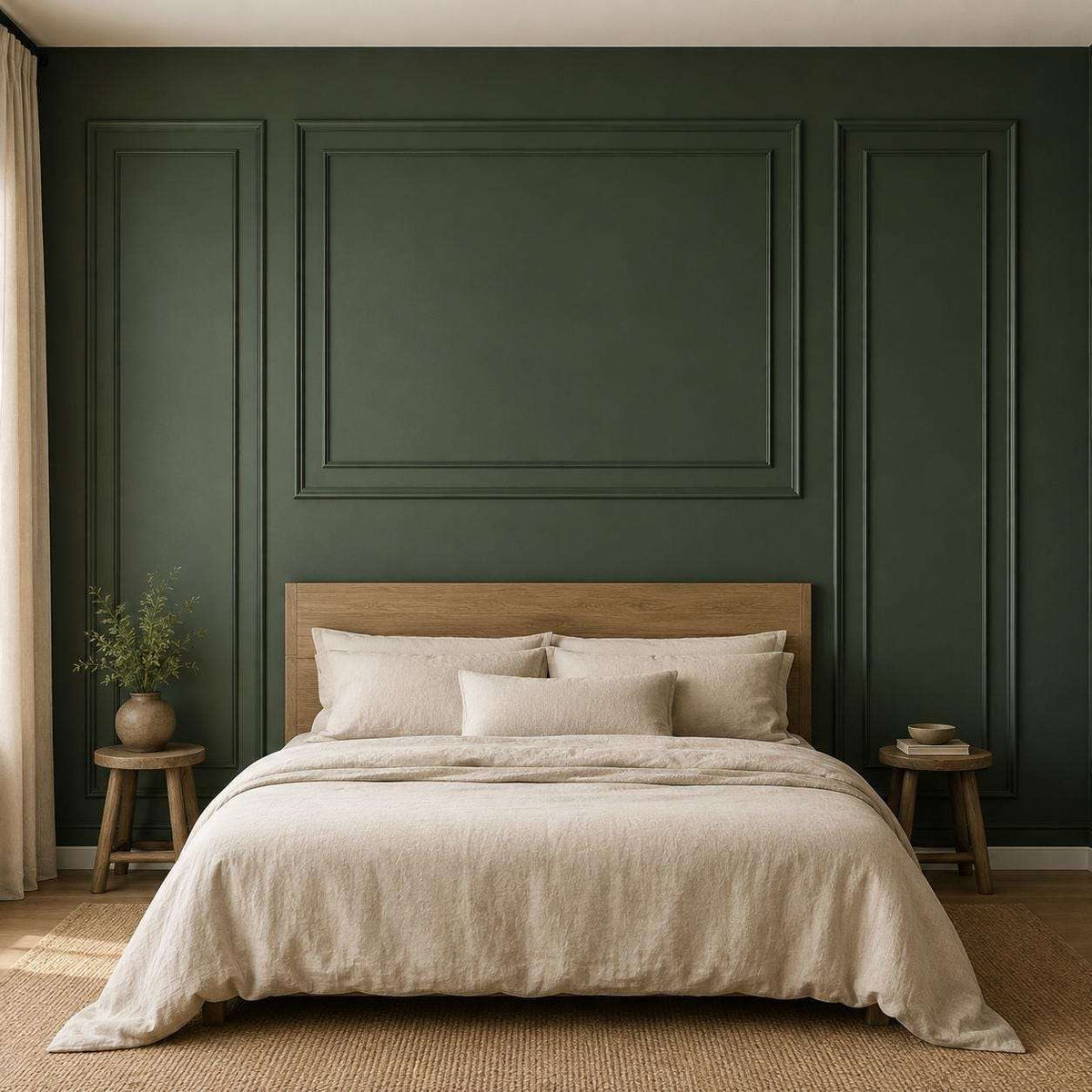 Peel and Stick Board and Batten Trim Set, forest green bedroom wall molding design behind the bed