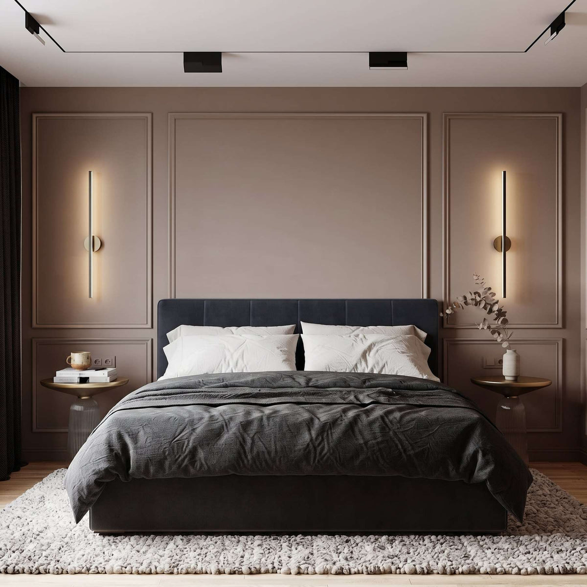 Peel and Stick Picture Frame Molding, taupe bedroom wall molding design behind the bed