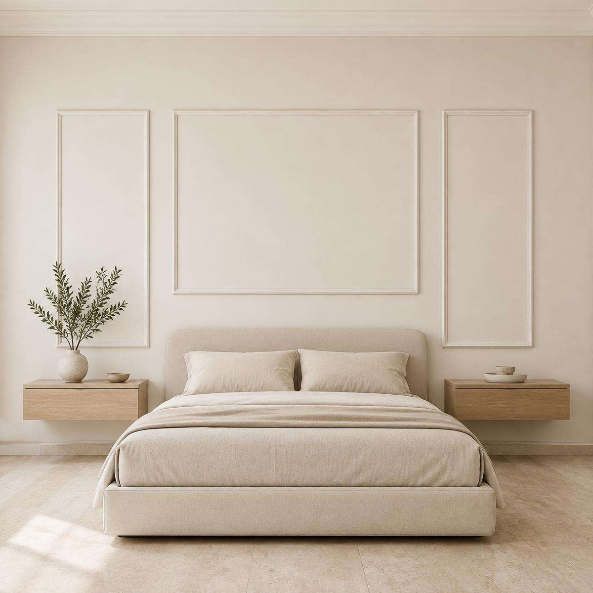 Bedroom wall molding design: cream picture frame wall molding behind the bed