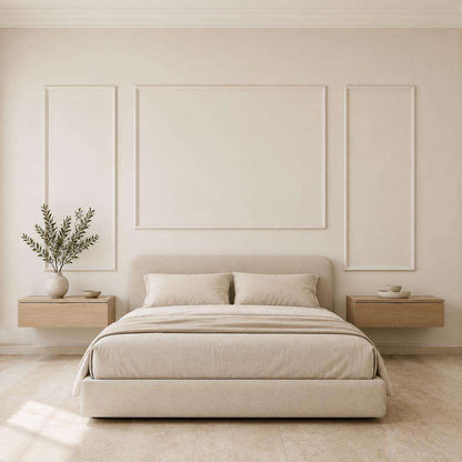 Bedroom wall molding design: cream picture frame wall molding behind the bed