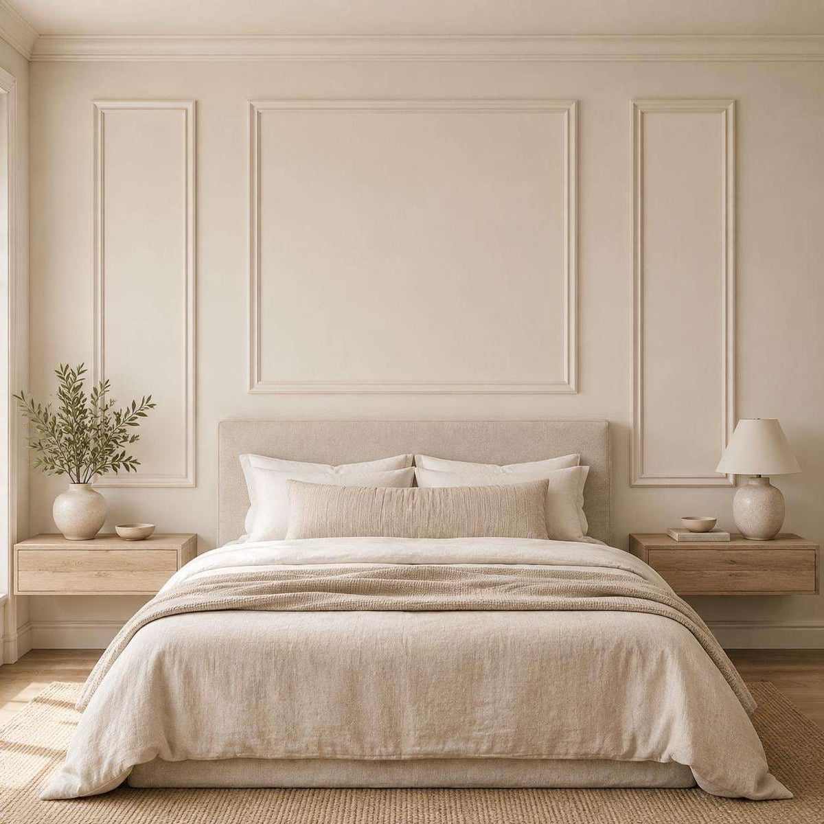 Bedroom wall molding design: cream picture frame wall molding behind the bed, wide view