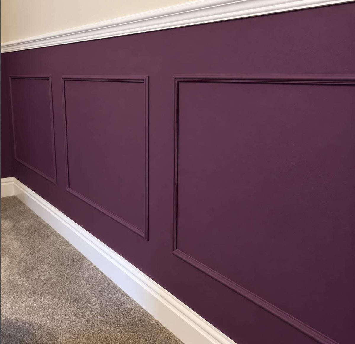 Peel and Stick Wainscoting Kit, plum half wall picture frame wainscoting on an accent wall