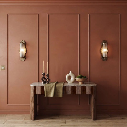 Terracotta picture frame wall molding in an entryway alternate view