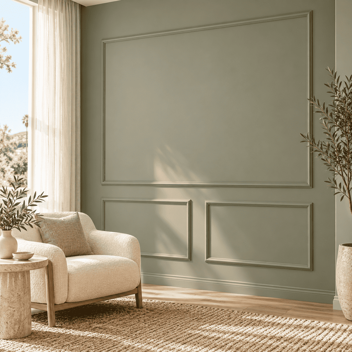 Sage green picture frame wall molding in a living room