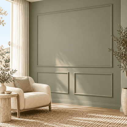 Sage green picture frame wall molding in a living room