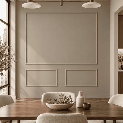 Peel and Stick Wall Molding, taupe picture frame wall molding in a dining room