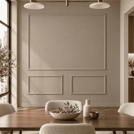 Peel and Stick Wall Molding, taupe picture frame wall molding in a dining room