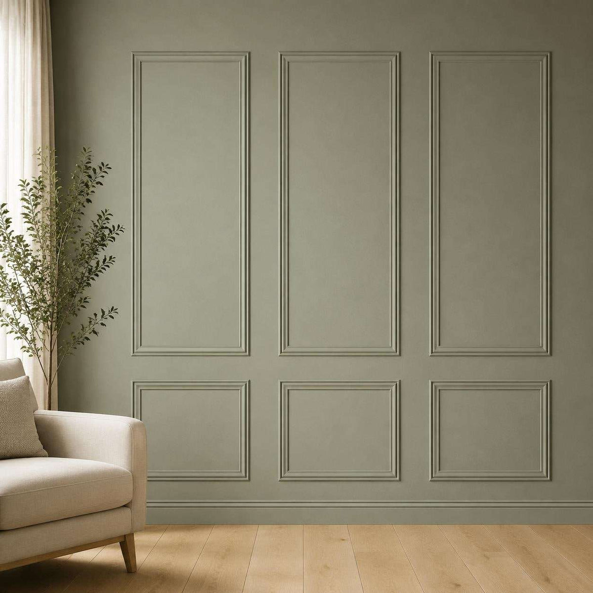 Picture Frame Molding Set, sage green picture frame wall molding in a living room